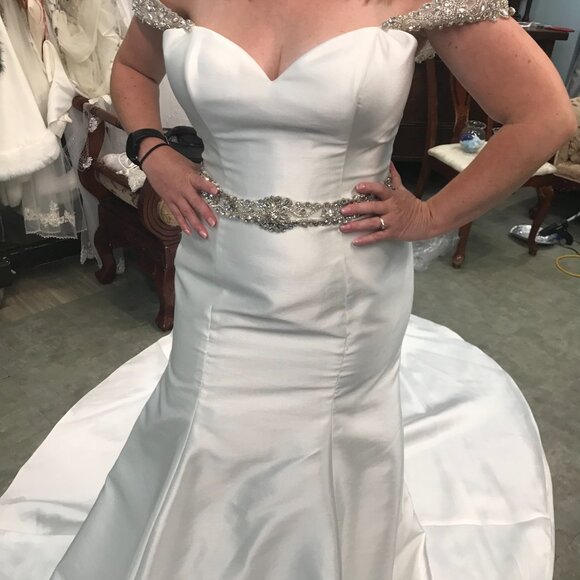 SAMPLE Mikado Wedding Dress, Ivory Mermaid Fit and Flare Sexy, BLING straps - Picture 8 of 10
